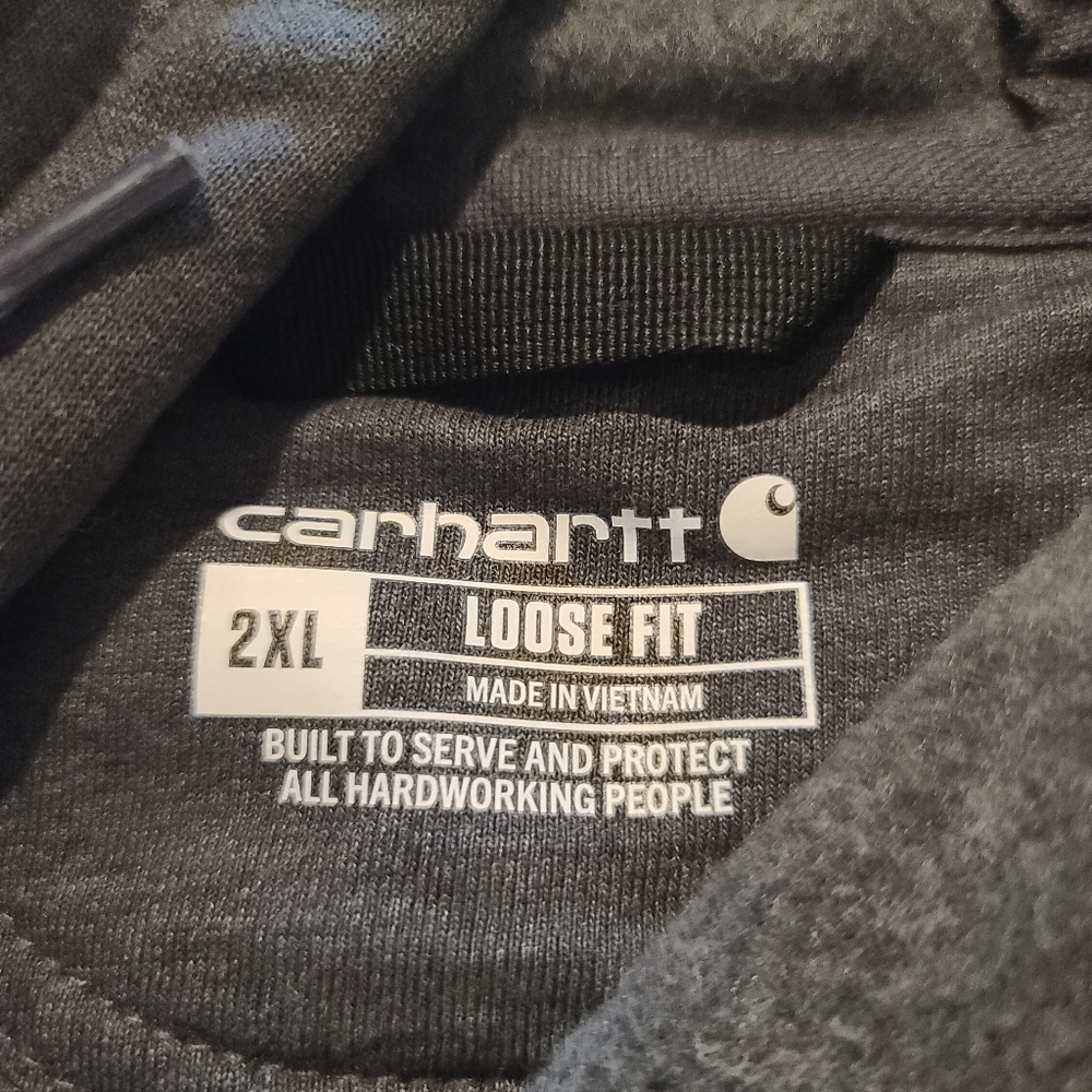 Carhartt Dark Gray Hoodie with Neon Yellow Sleeve Logo. H-5 - Picture 5 of 5